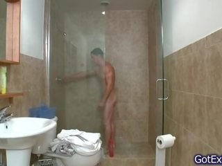 Marvelous muscled chap jerking under shower