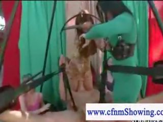 Cfnm girls jerking off stripling in a swing while he eats puss